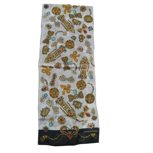 Vintage Jacqueline Ferrar Scarf Jewel Bow Print 50s Style 52 by 10 Silk Blend - Picture 1 of 8